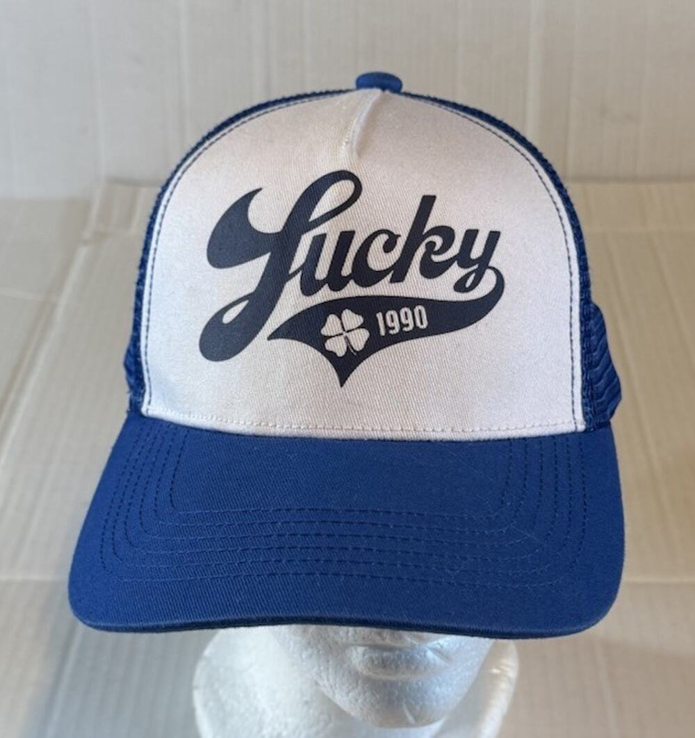Lucky Brand Script Hat Snap Back Cap Blue White Trucker